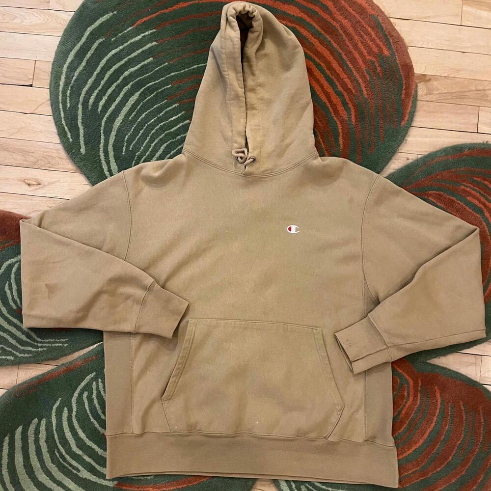 Champion Reverse Weave Large Hoodie Sweatshirt Tan